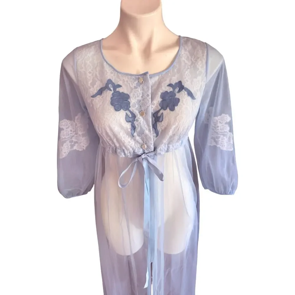 Movie Star Vintage 1970s Sheer Peignoir Robe Baby Blue Lace Floral Appliqué Sz S